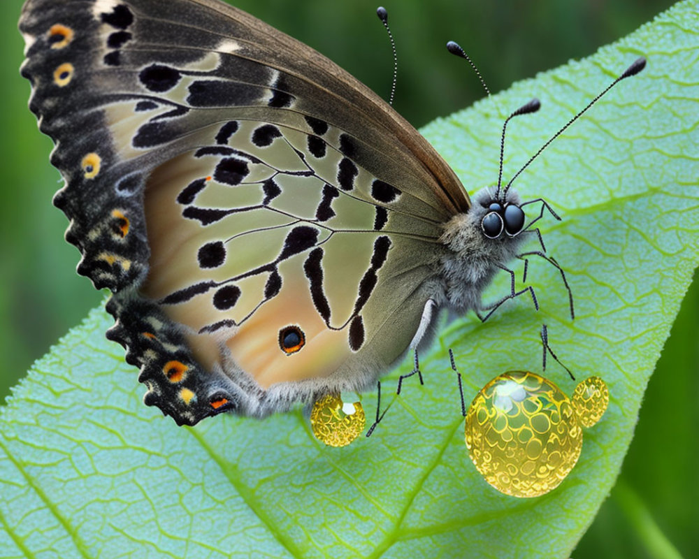 Detailed Butterfly with Intricate Patterns Resting on Leaf with Golden Droplets
