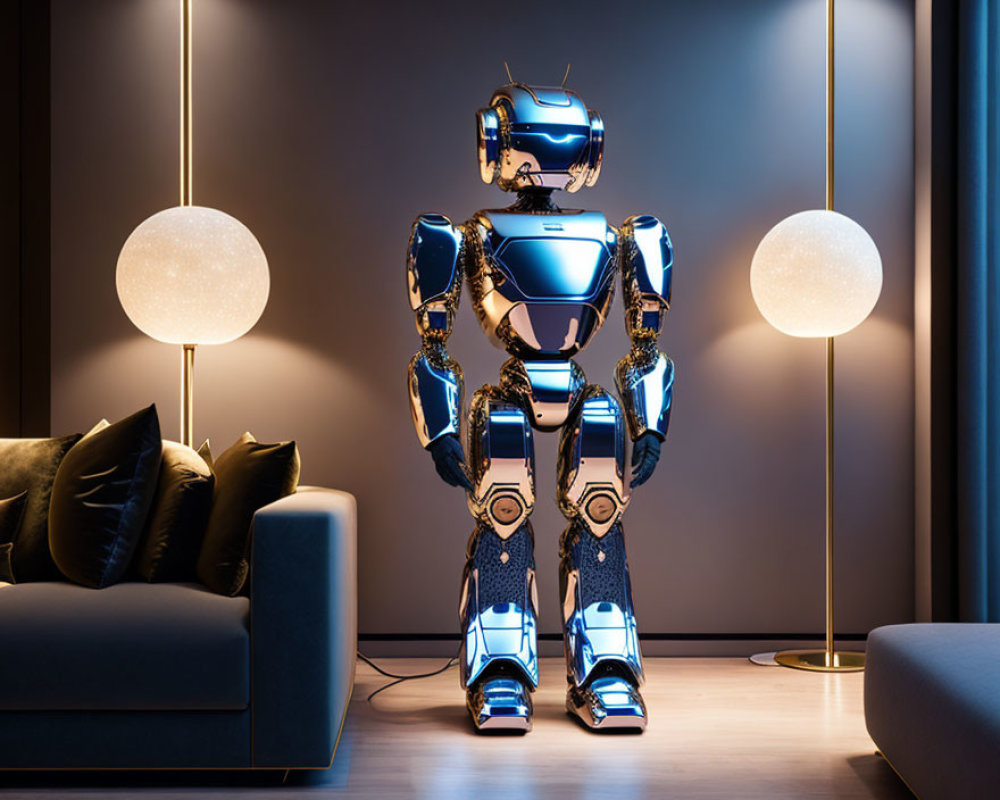 Futuristic blue and white robot in modern room with spherical floor lamps