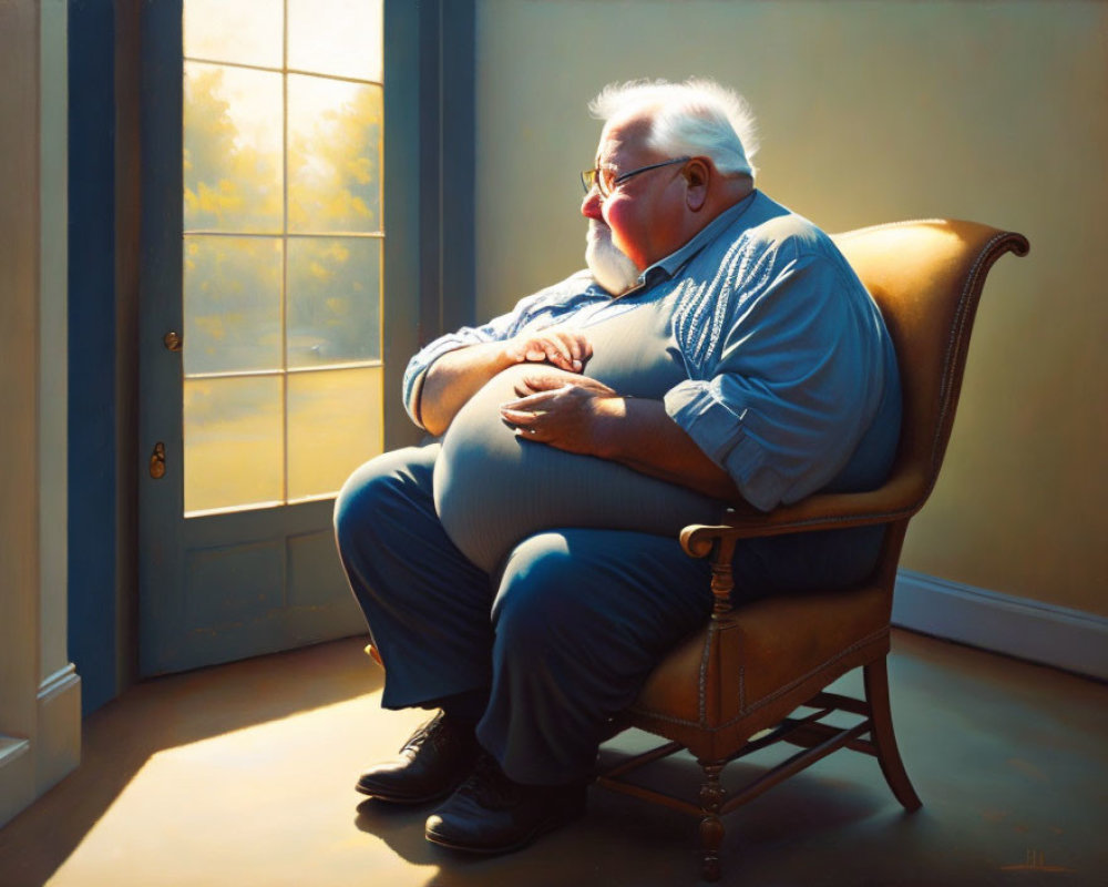 Elderly Man Sitting by Window in Sunlight, Deep in Thought