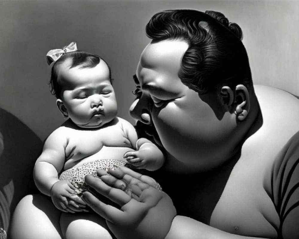 Exaggeratedly plump man with quiff hairstyle holding chubby baby in polka-dot outfit