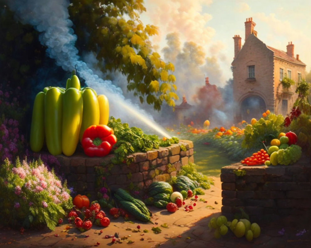 Whimsical painting of oversized vegetables in charming garden
