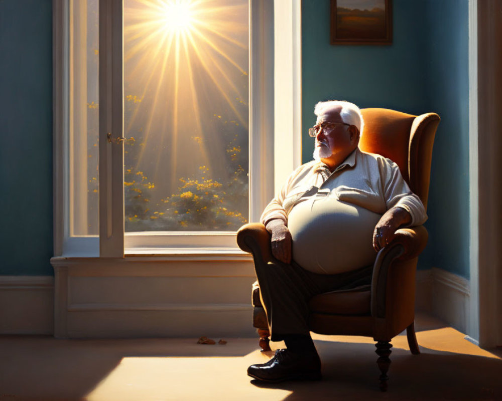 Elderly man sitting in armchair by window in warm sunlight.