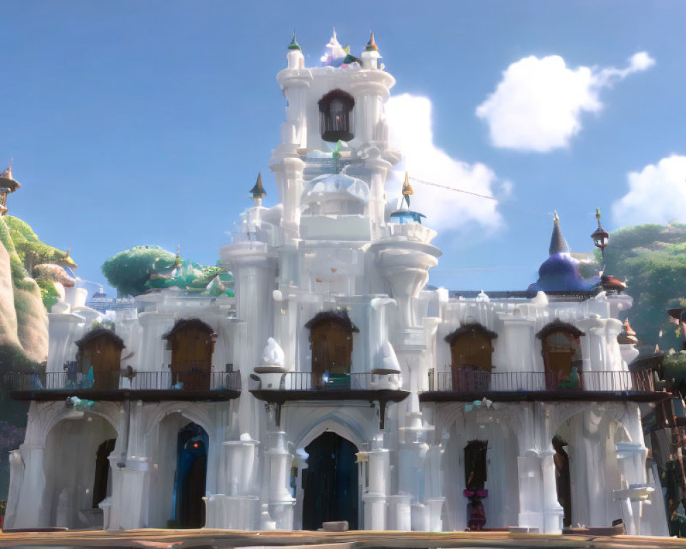 Whimsical 3D-rendered castle with colorful rooftops