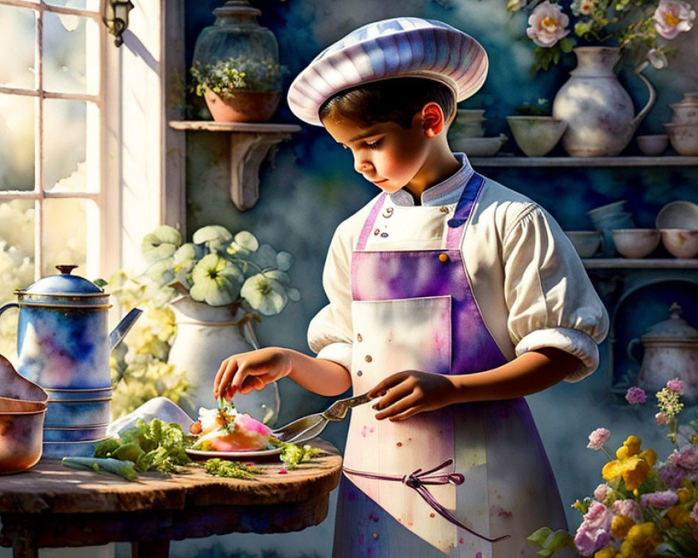 Young Chef Plating Dish in Sunlit Floral Kitchen