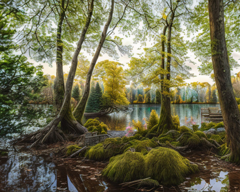 Tranquil Lake Surrounded by Autumn Foliage and Trees
