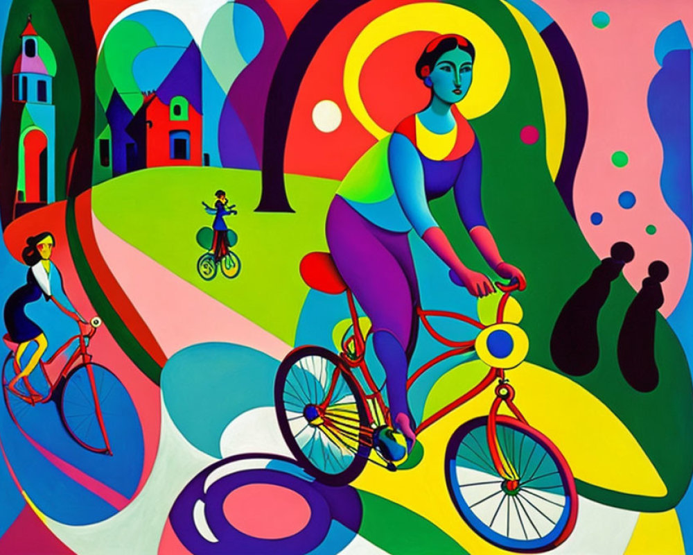 Abstract Scene of Figures Riding Bicycles in Colorful Landscape