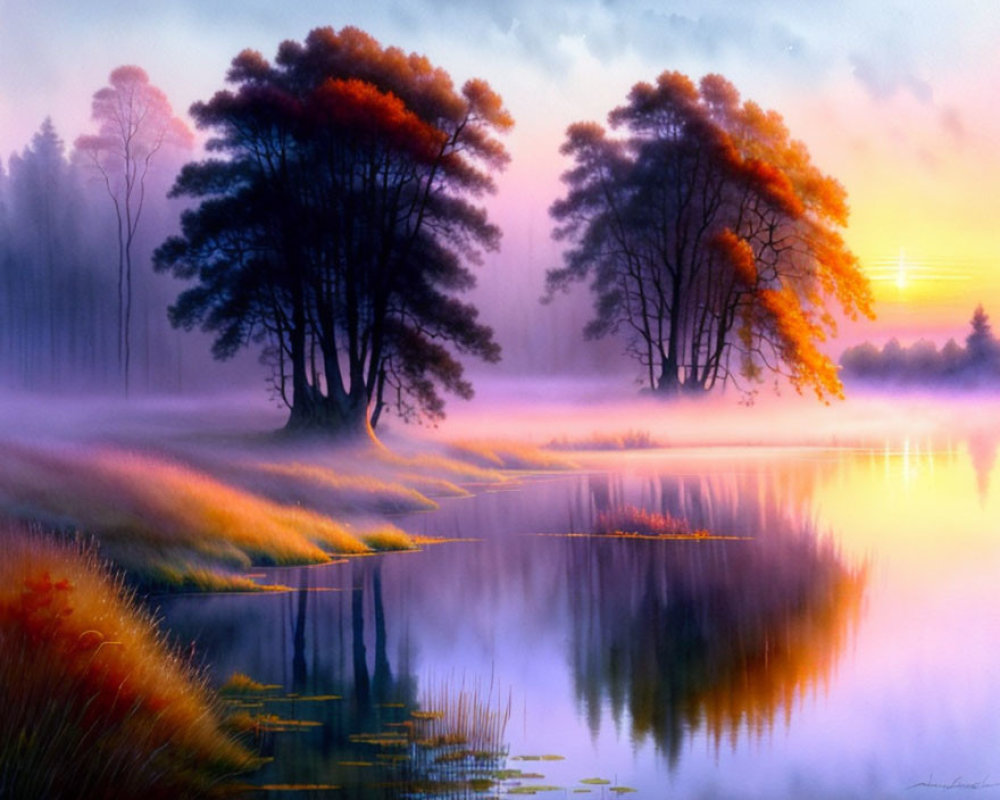 Tranquil Dawn Landscape with Serene Lake and Hills