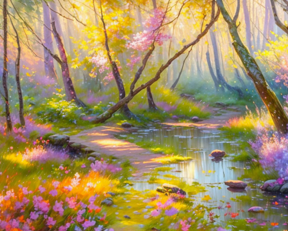 Tranquil forest scene with vibrant colors and blooming flowers | Deep ...