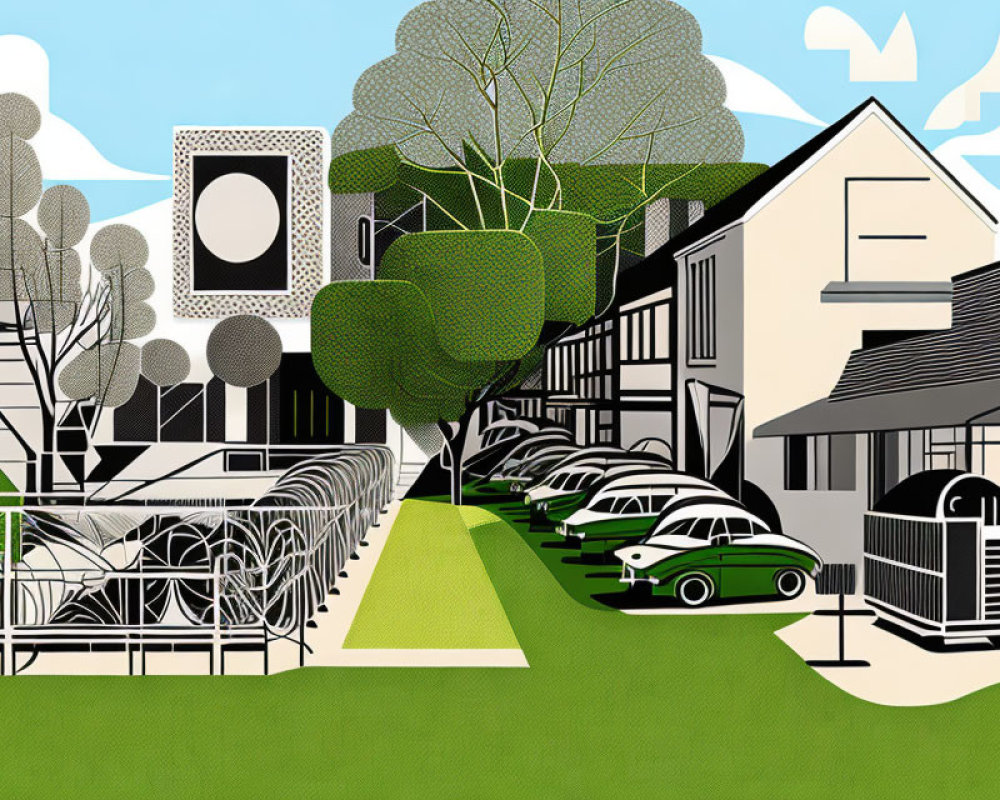 Stylized urban scene with modern and traditional architecture