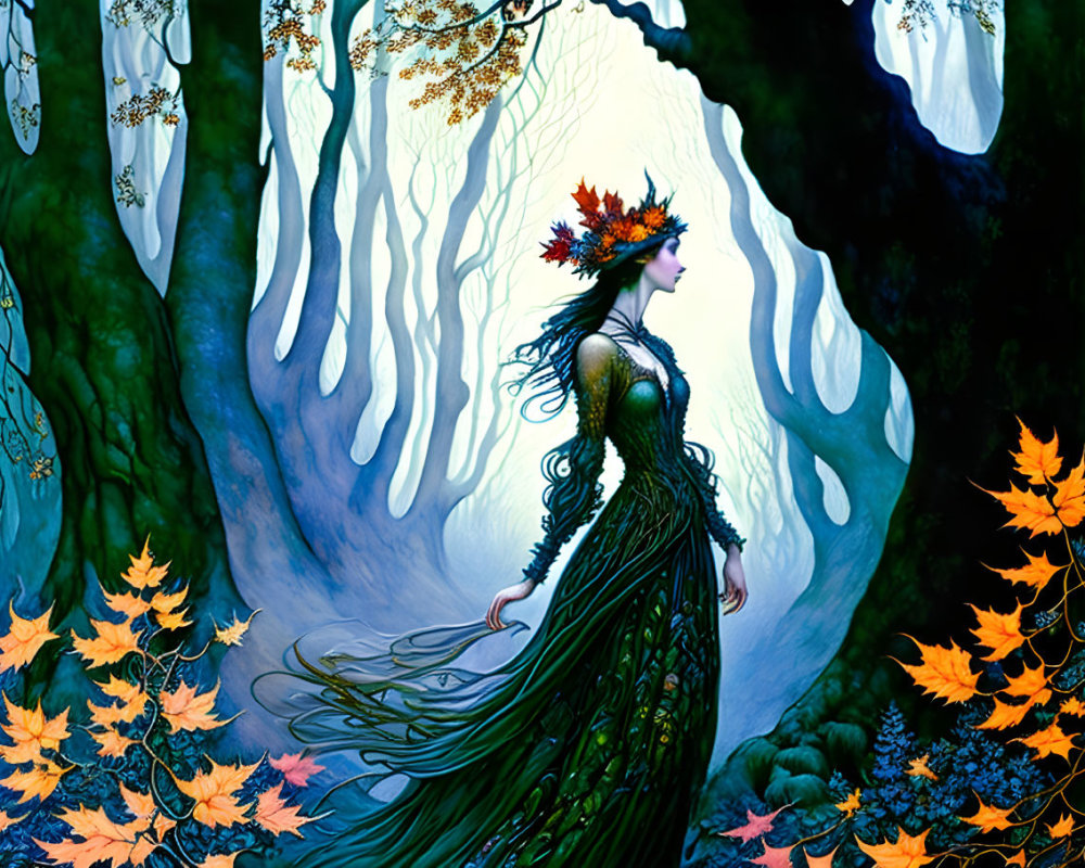 Mystical Figure in Enchanted Forest with Autumn Leaves