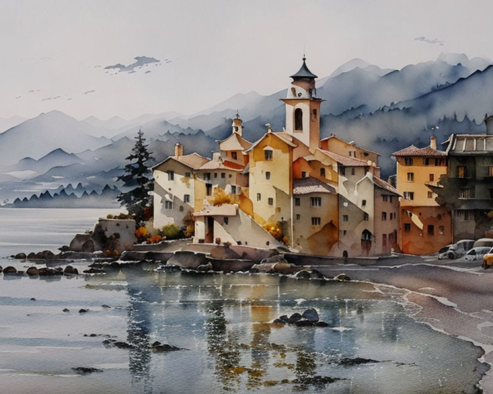 Serene Coastal Village with Rustic Architecture and Mountains