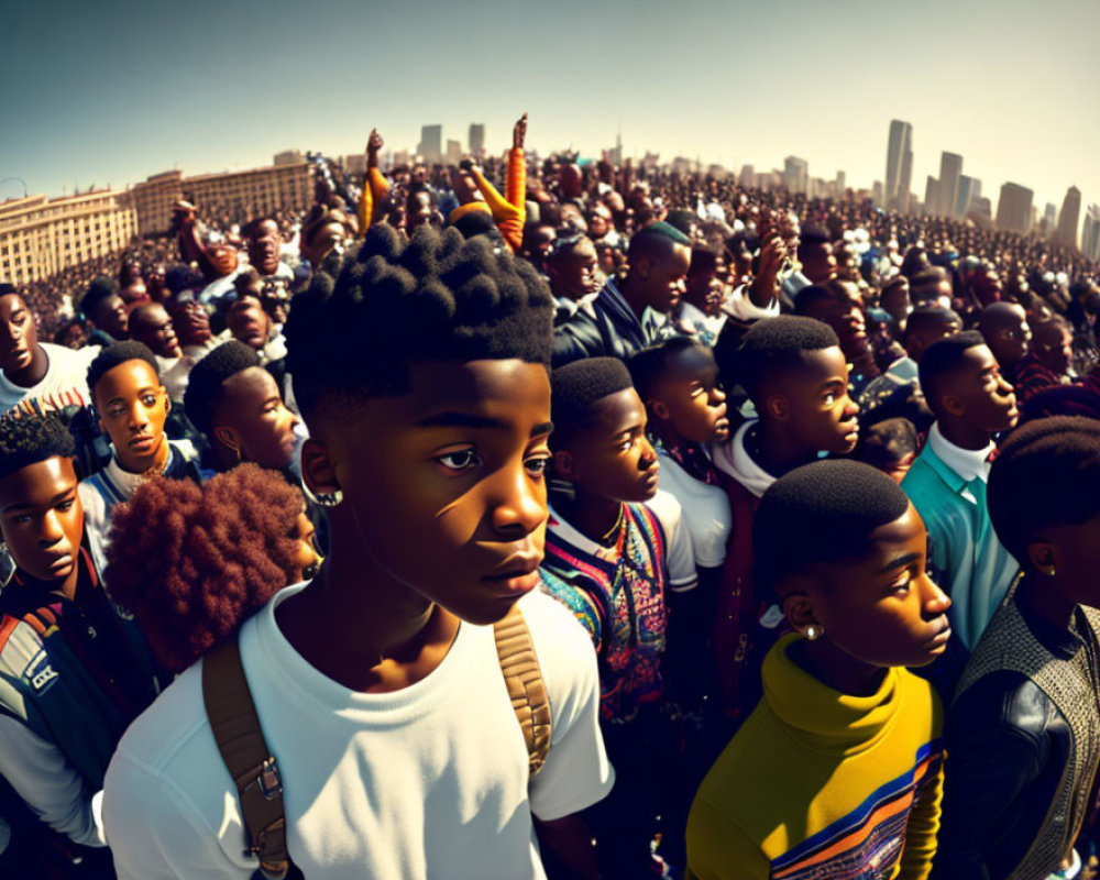 Young People Group Gazing at City Skyline Against Clear Sky