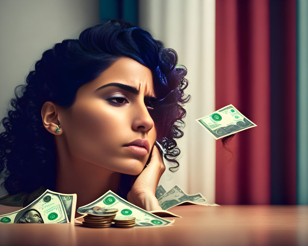Dark-Haired Woman Contemplates Money at Table