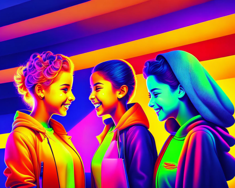Colorful Outlined Women Smiling on Rainbow Stripes