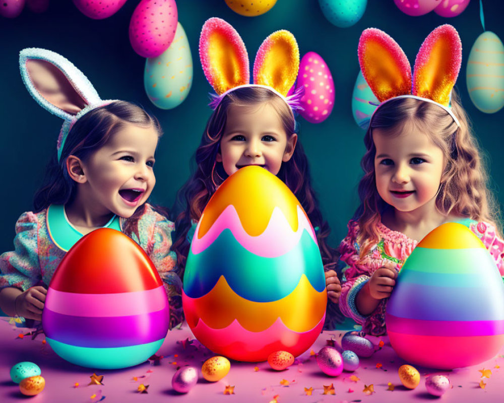 Three Children Wearing Bunny Ears with Easter Eggs and Colorful Background