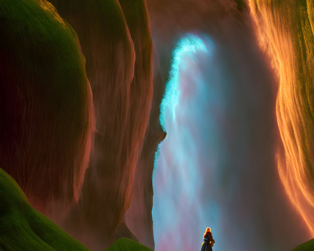 Glowing waterfall cascading down mossy cliffs under warm light
