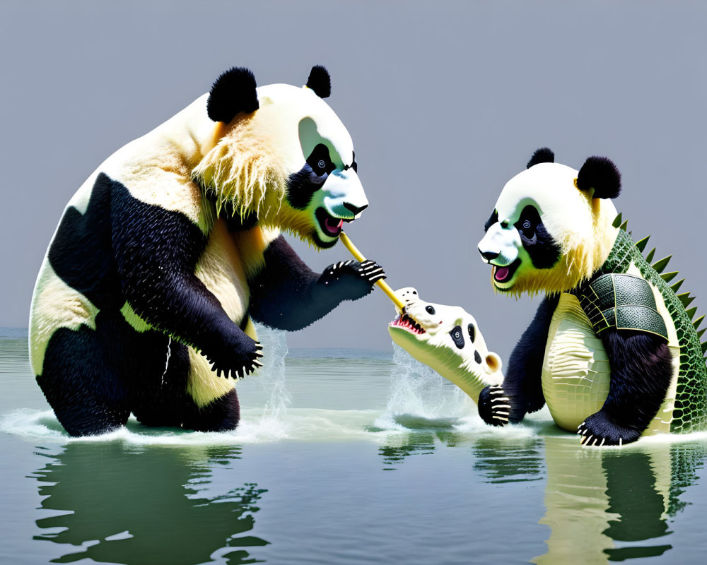 Two pandas in water, one playing guitar to the other listening attentively