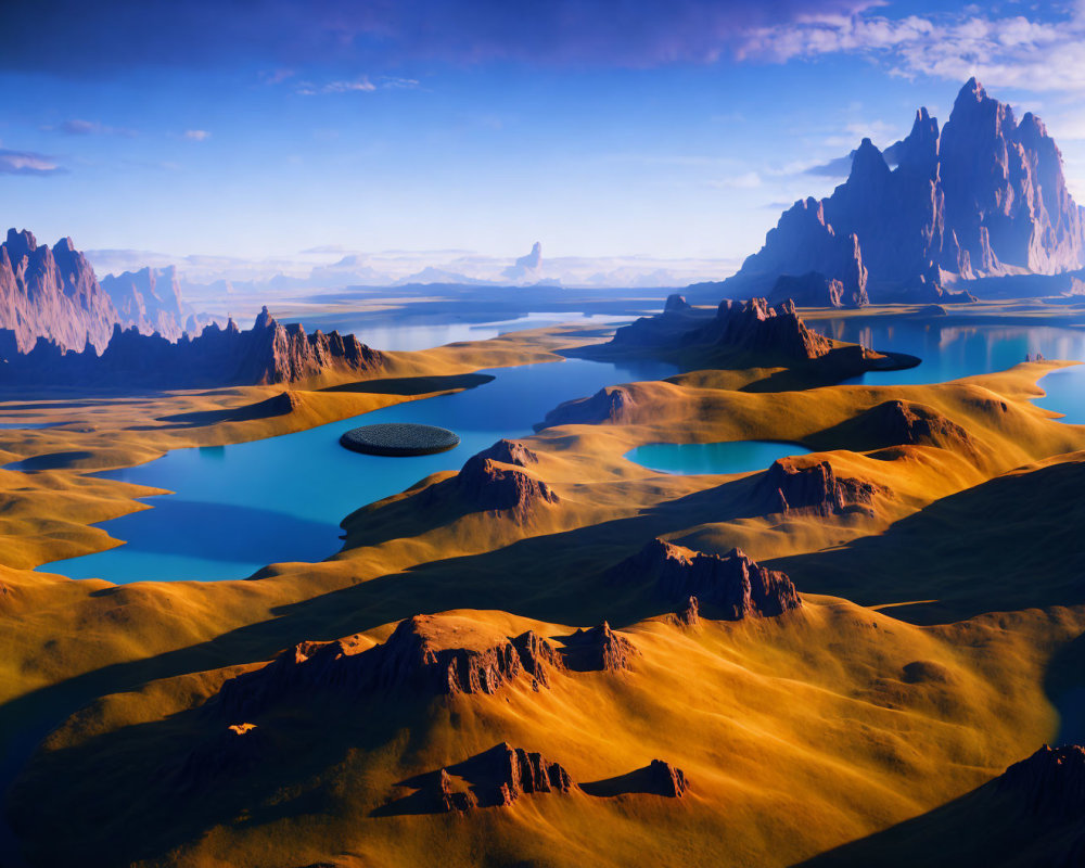 Fantastical landscape of golden hills, blue lakes, and towering rock formations