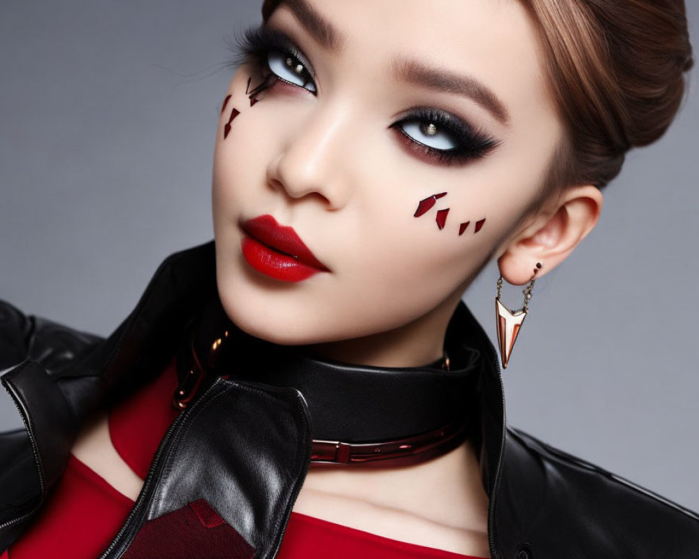 Bold Makeup Look with Heart-Shaped Stickers on Woman in Leather Outfit