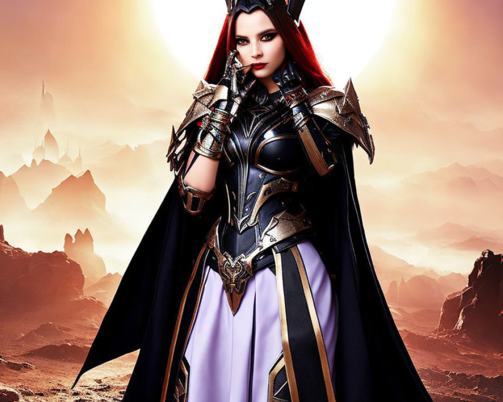 Fantasy landscape: Confident woman in black armor with cape and sun.