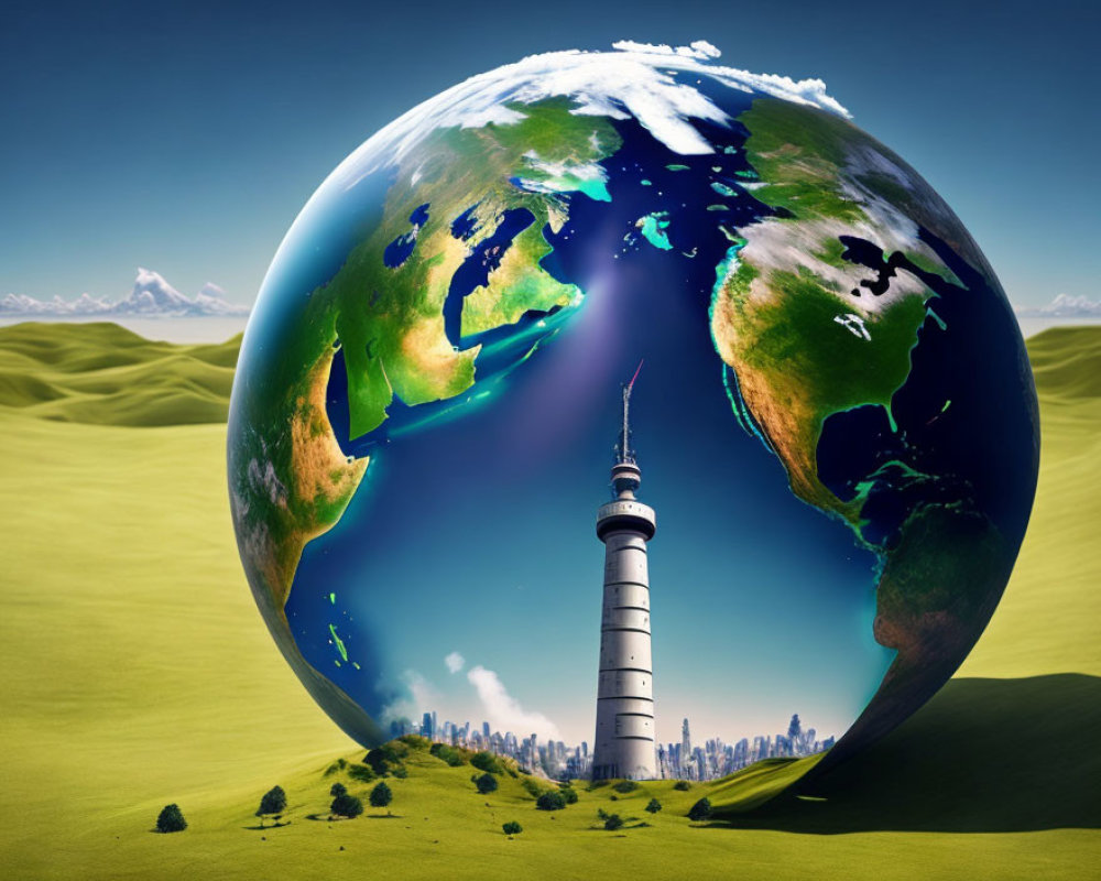 Surreal image of lighthouse, city skyline, and Earth globe