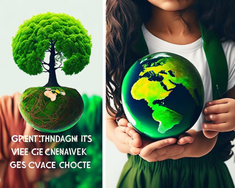 Person in Green Dress Holding Globe with Green Continents and Tree on Another Globe