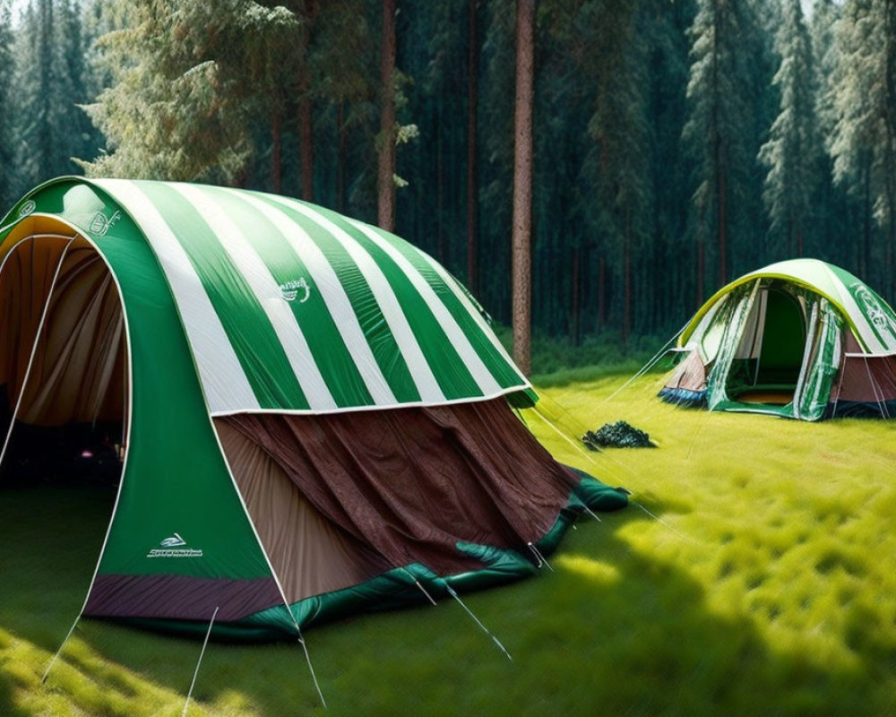 Green and brown camping tents in serene forest clearing