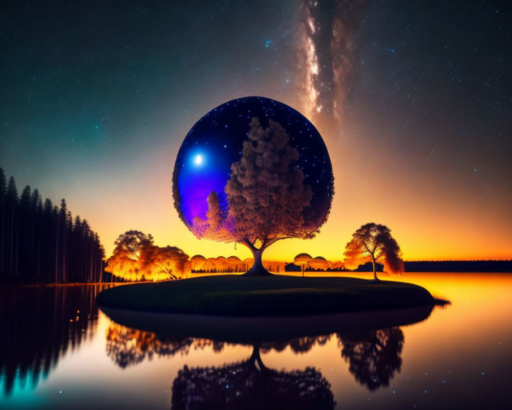 Surreal twilight landscape with reflective sphere and inverted tree under starry sky