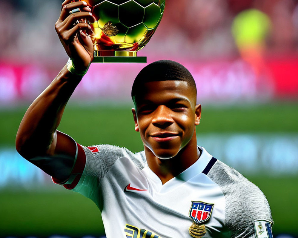 Footballer celebrates victory with golden trophy on pitch with crowds and stadium lights.