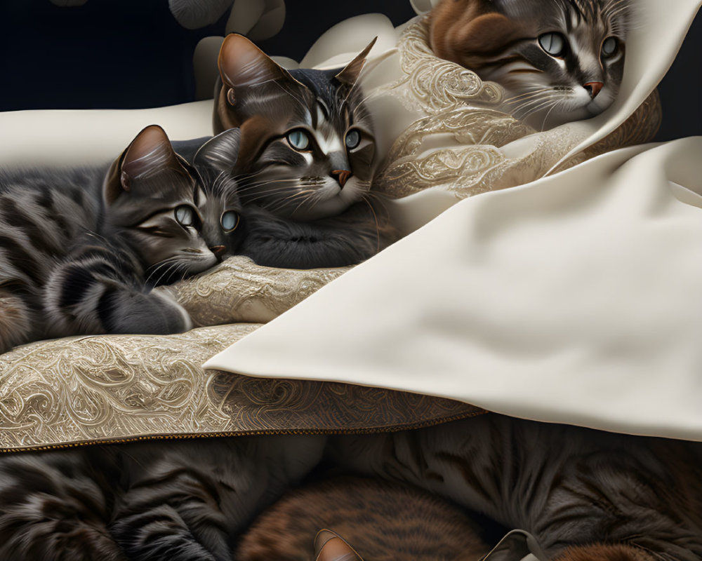 Five cats with different patterns on elegant fabric against dark background