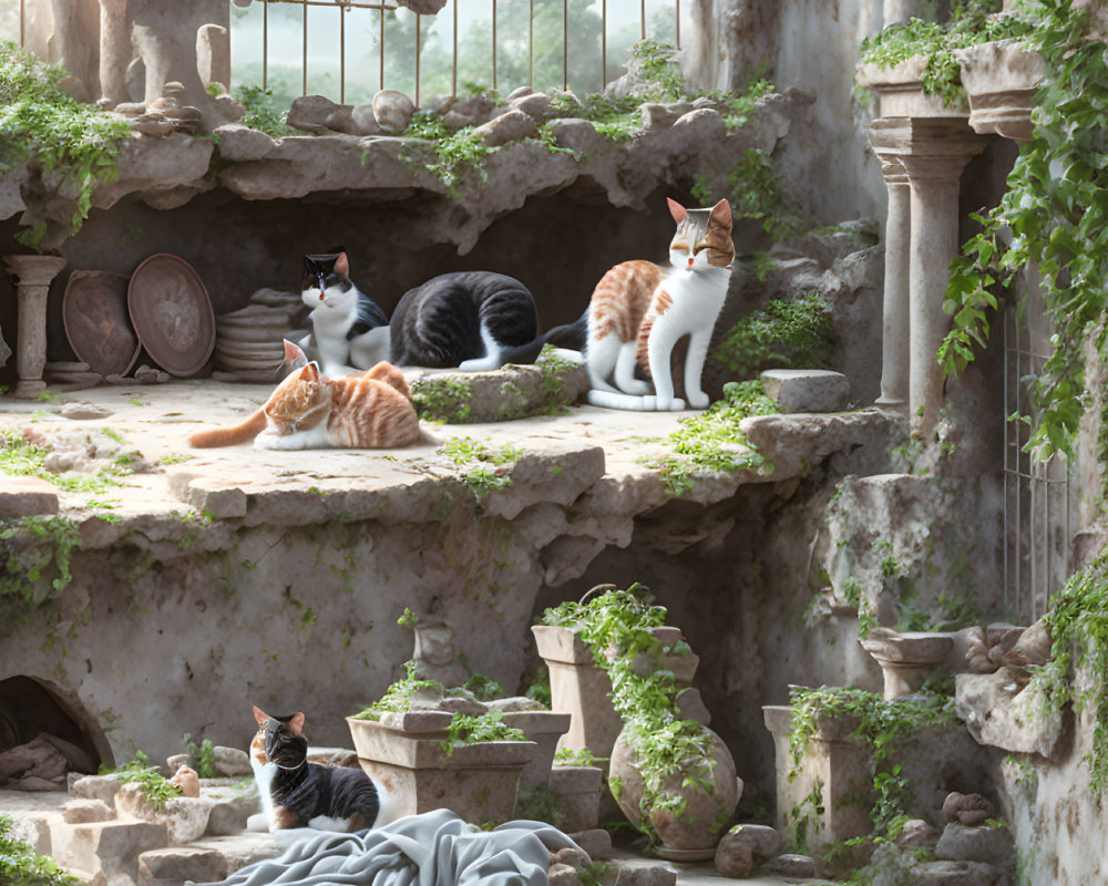 Three cats in ancient ruins with columns, broken pottery, and draped statue.