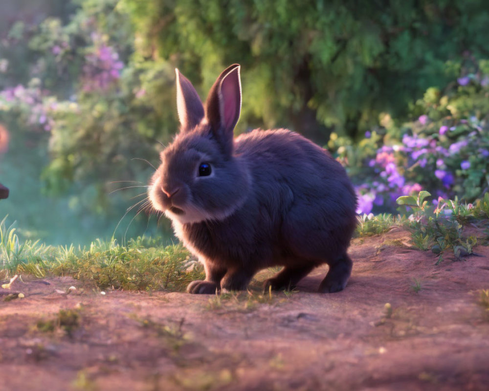 Fluffy Black Rabbit in Magical Garden at Dusk