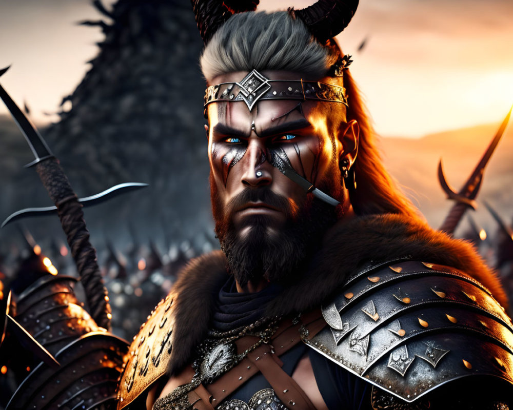 Warrior in horned helmet with intricate armor at sunset