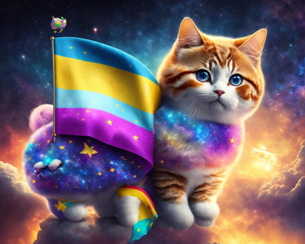 Colorful Cat Artwork with Cosmic Patterns and Galaxy Flag
