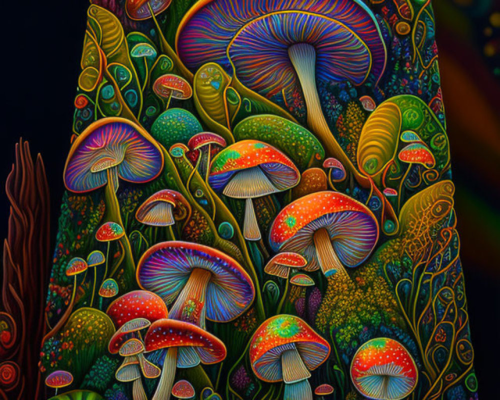 Colorful Mushroom Illustration Under Crescent Moon