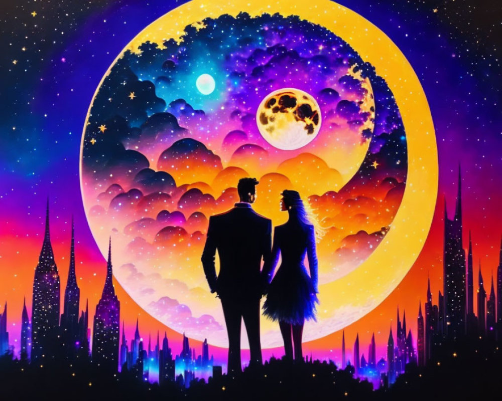 Silhouetted couple against cosmic backdrop with moon and stars above futuristic city skyline