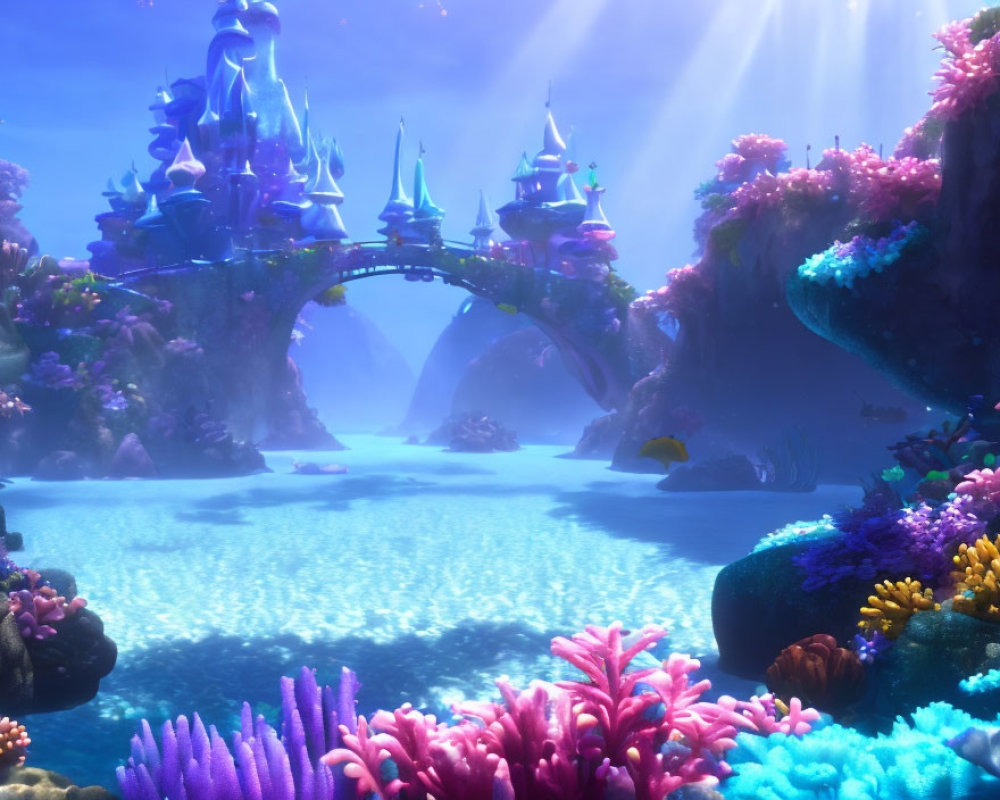 Colorful Coral and Fantastical Bridge in Vibrant Underwater Scene