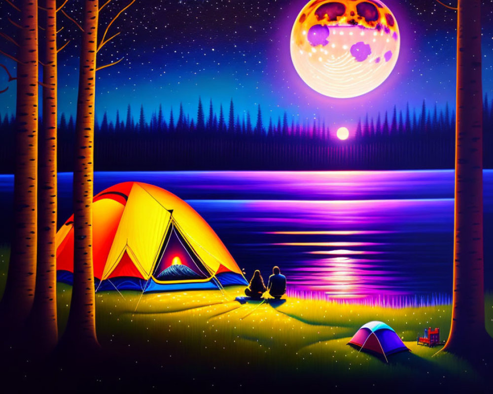 Nighttime lakeside campsite with two people by tent under a purple sky.