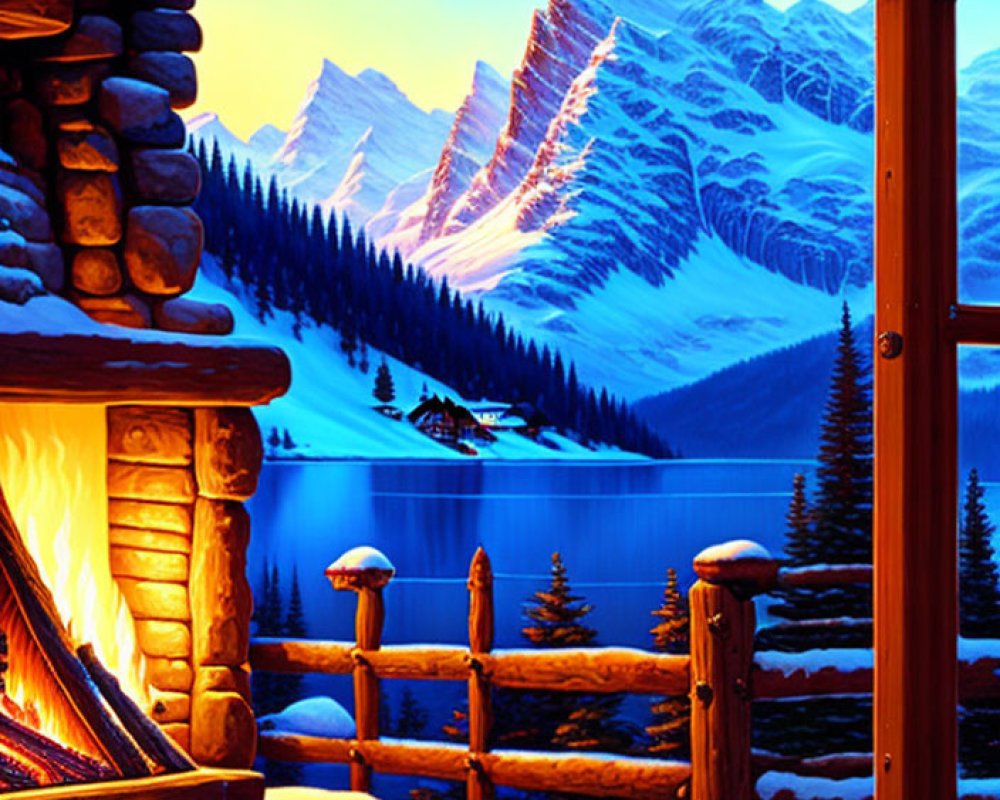 Cozy cabin door opens to lakeside view with snowy mountains and glowing fire