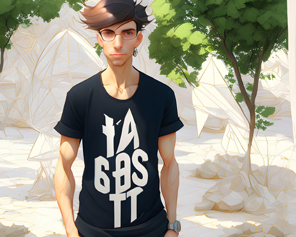 Digital illustration of young man in glasses & black t-shirt in nature setting