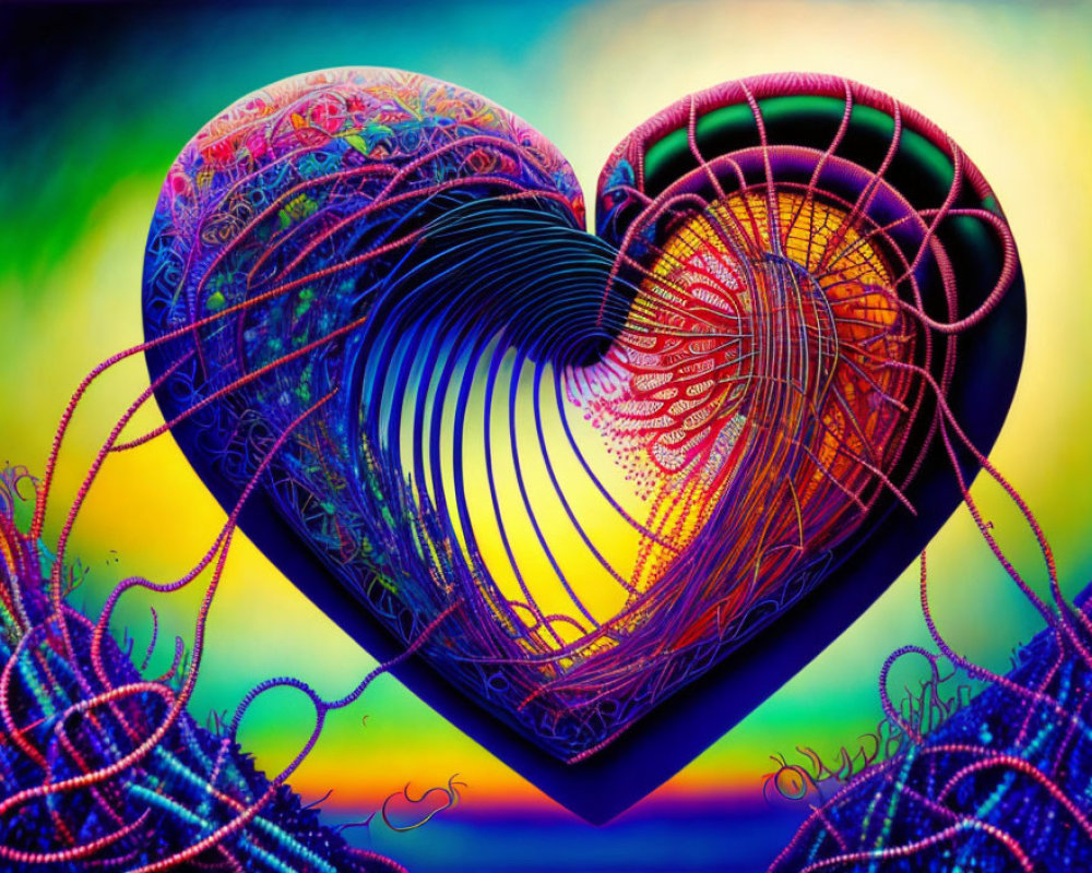 Colorful fractal heart with spiral designs on rainbow background