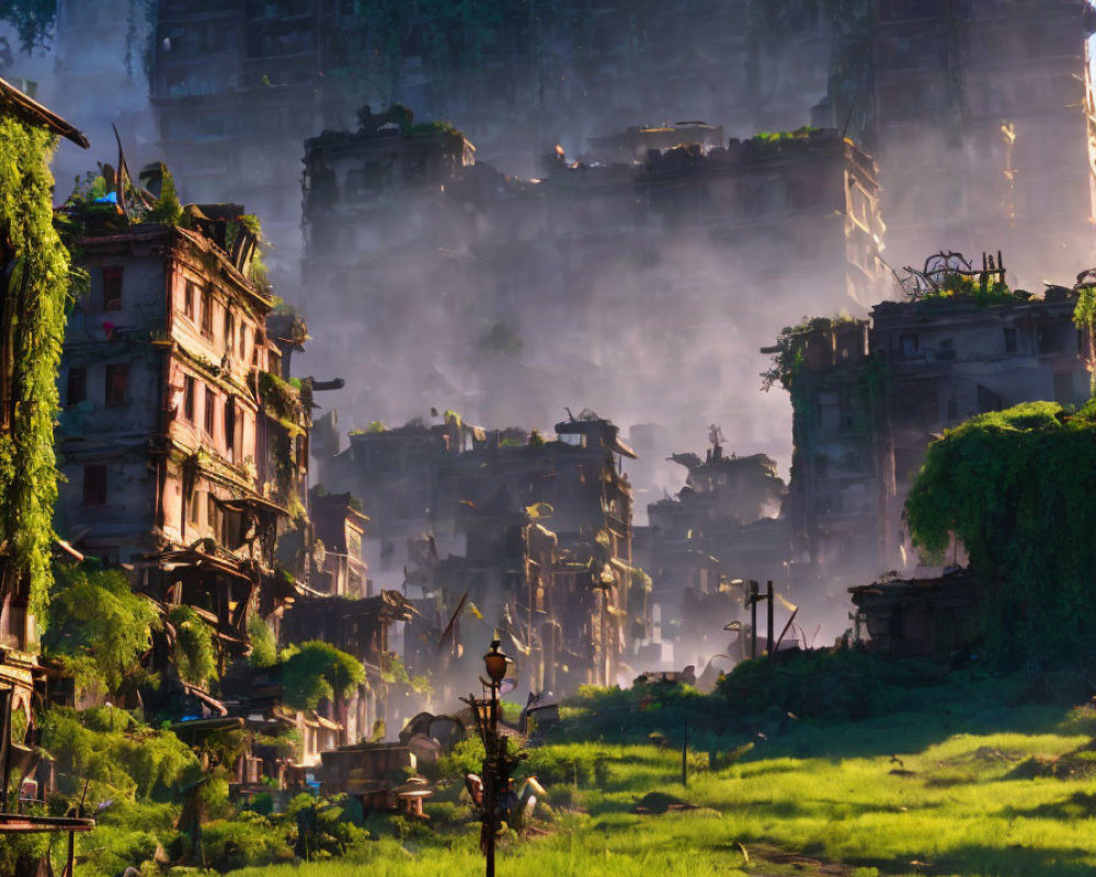 Ancient city ruins with greenery, figures, clear skies