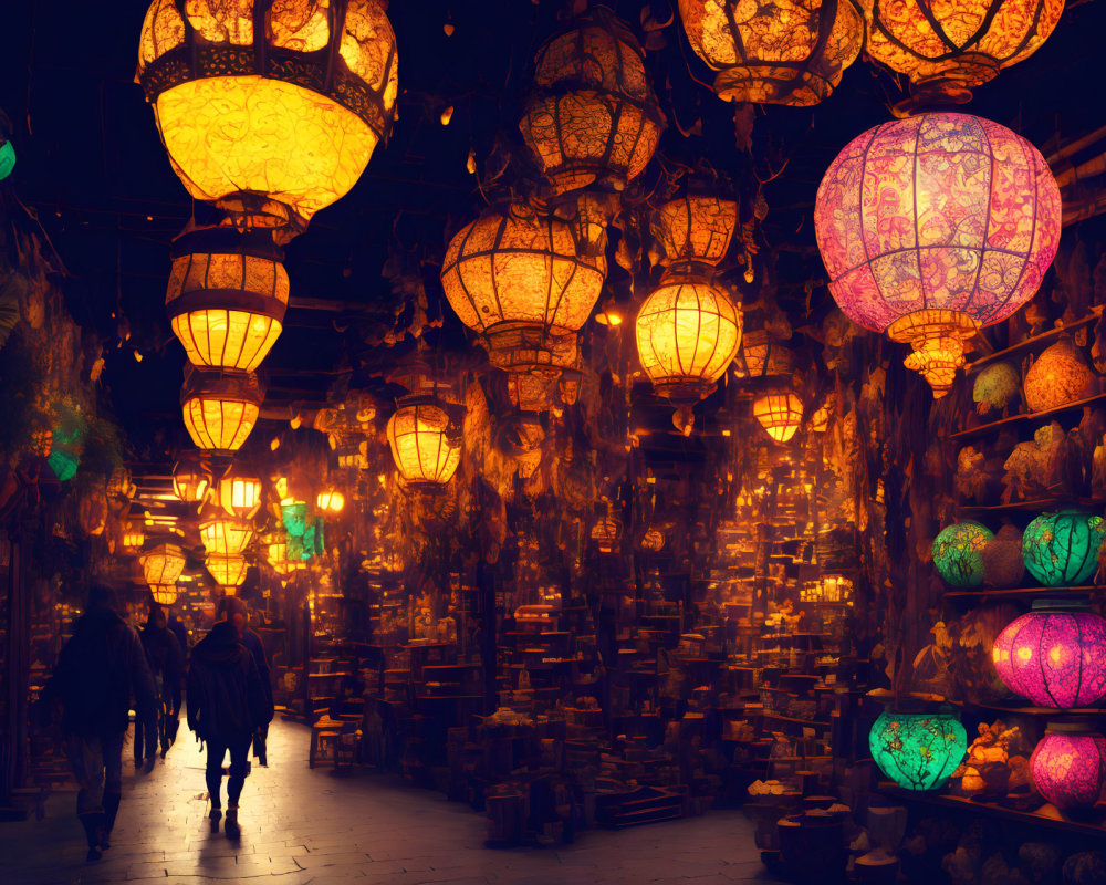 Dimly Lit Market Alley with Hanging Lanterns and Silhouetted Figures
