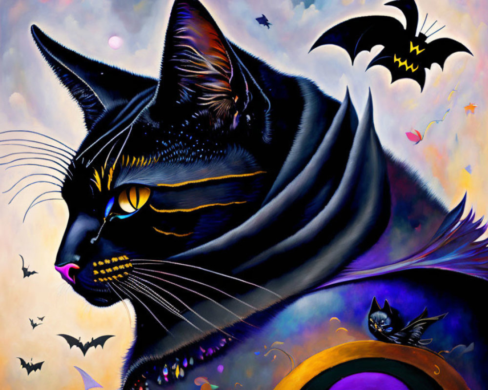Colorful sky with black cat and bats in eye reflection