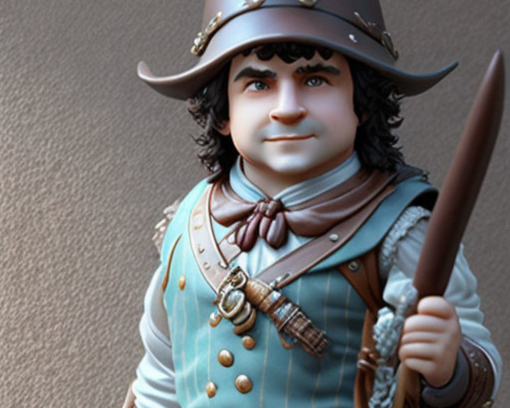 Animated Renaissance figure with musket, sword, and metal helmet.