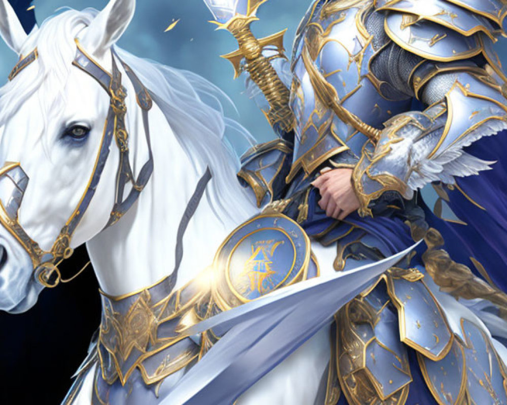 Ornate blue and gold armored knight on white horse with sword, against dark background