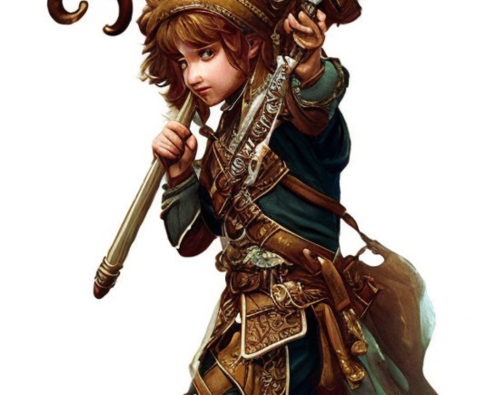 Detailed Fantasy Illustration of Young Female Adventurer with Bow and Sword