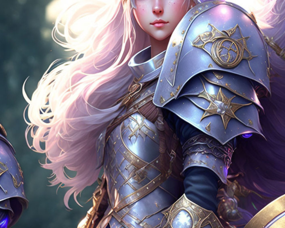 Fantasy digital artwork: Female warrior in pink hair and ornate silver-gold armor