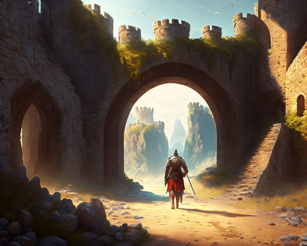 Knight in Armor Approaching Stone Castle Gateway on Cliff