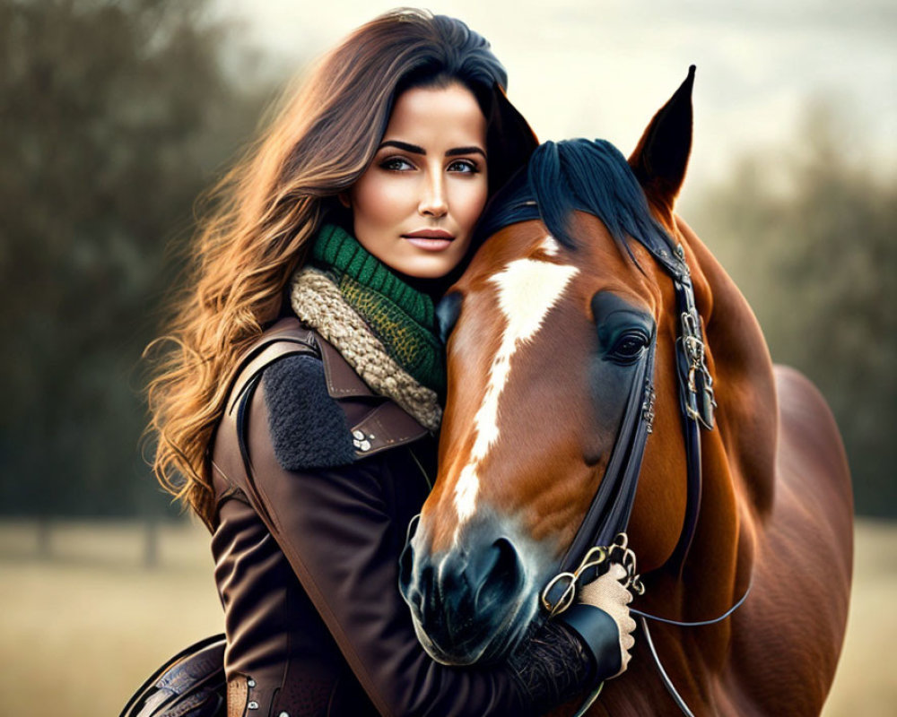 Woman with long hair embraces brown horse in pastoral scene